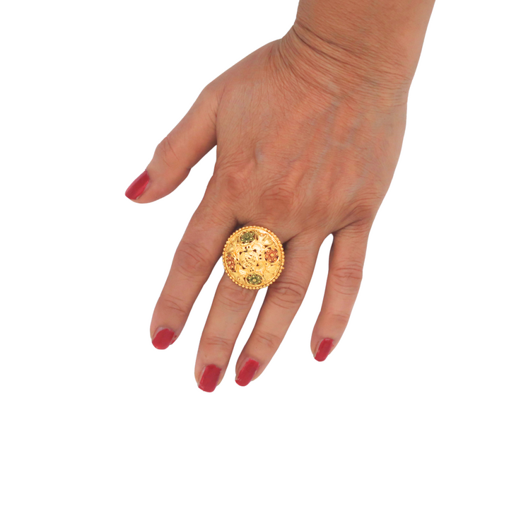 Ethnic Golden Adjustable Ring for Women with Multicolor Detailing